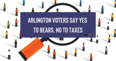 Digital crowd sprinkled across a white background with a magnifying glass floating over the image, focusing on a subset of people. Overlaying text reads: Arlington voters say yes to bears, no to taxes